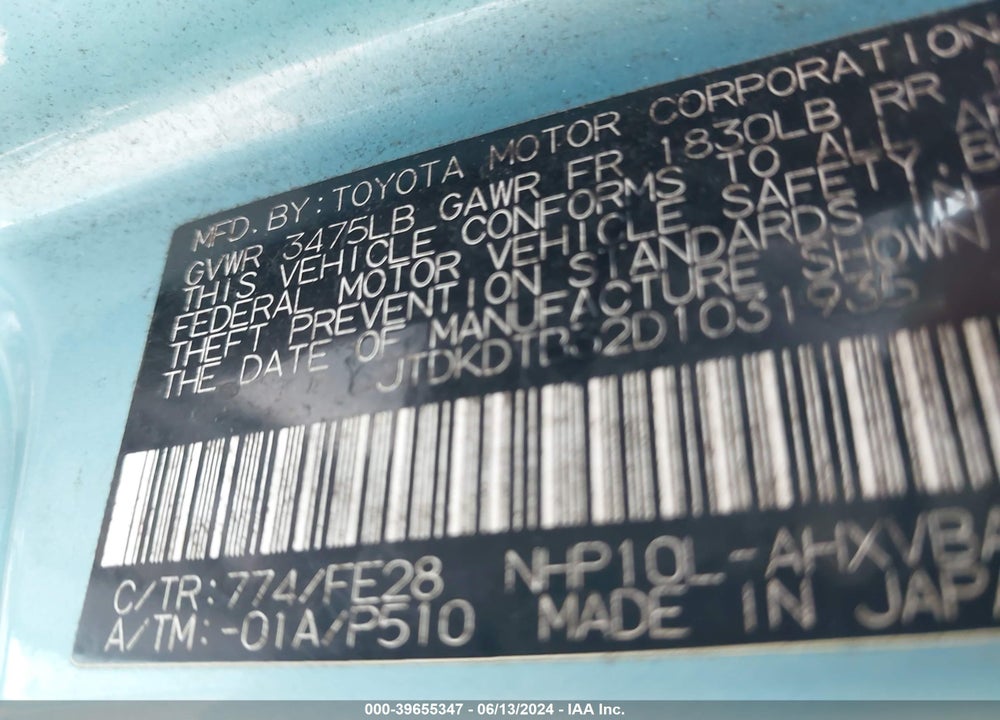 2013 TOYOTA PRIUS C ONE VIN: JTDKDTB32D1031935
