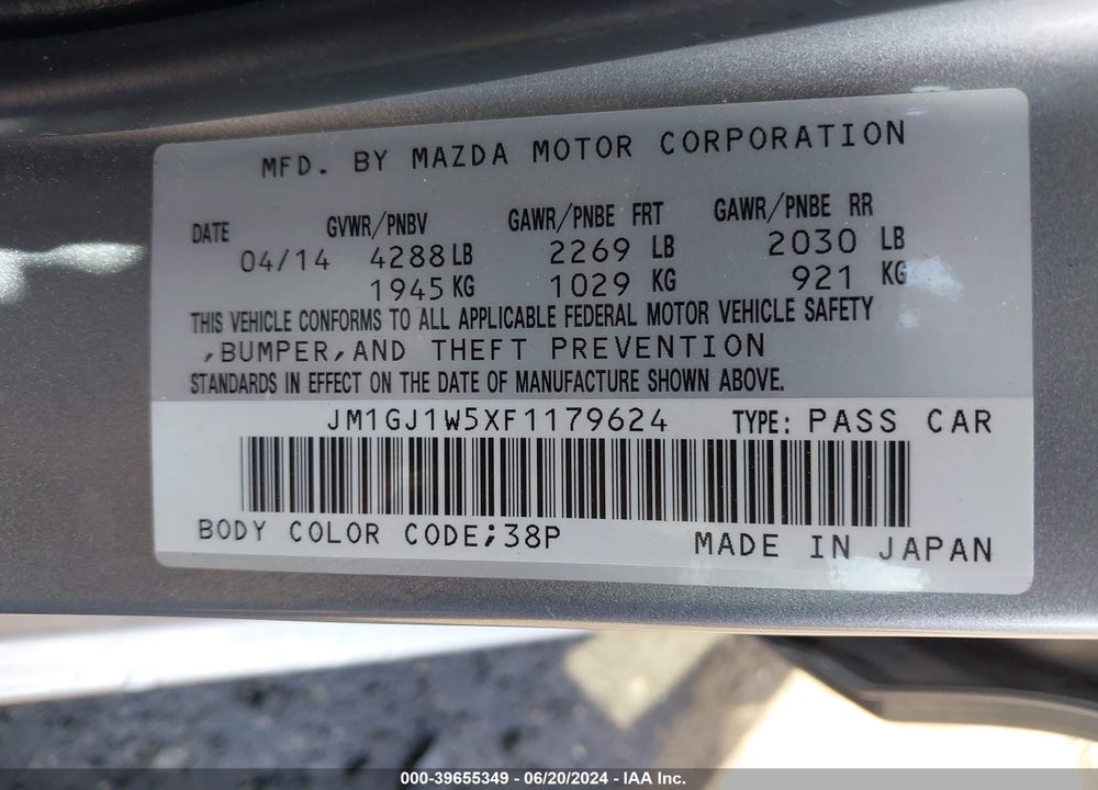 2015 MAZDA 6 I GRAND TOURING VIN: JM1GJ1W5XF1179624