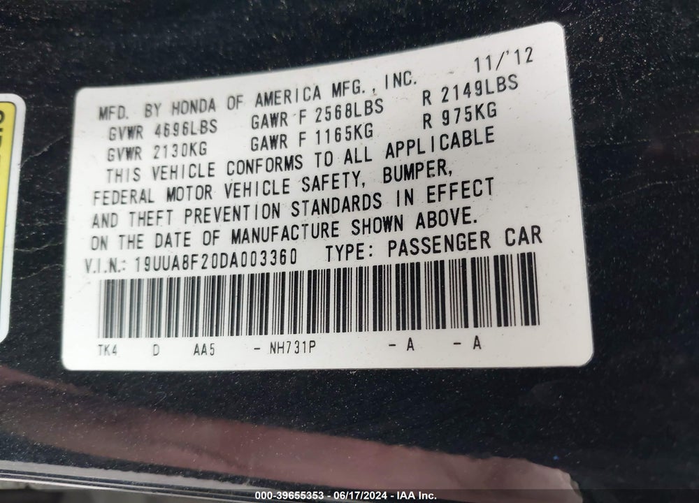 2013 ACURA TL 3.5 VIN: 19UUA8F20DA003360
