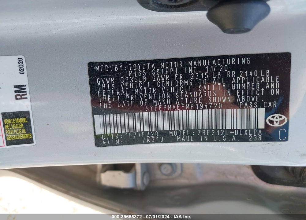 2021 TOYOTA COROLLA LE VIN: 5YFEPMAE5MP194720