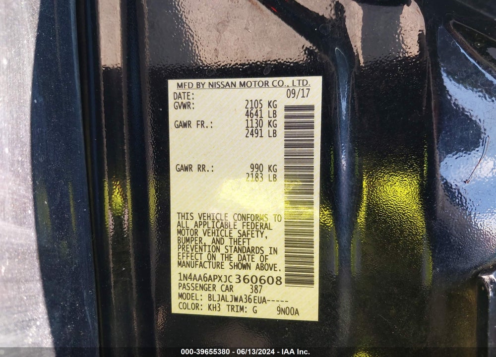 2018 NISSAN MAXIMA 3.5 SV VIN: 1N4AA6APXJC360608