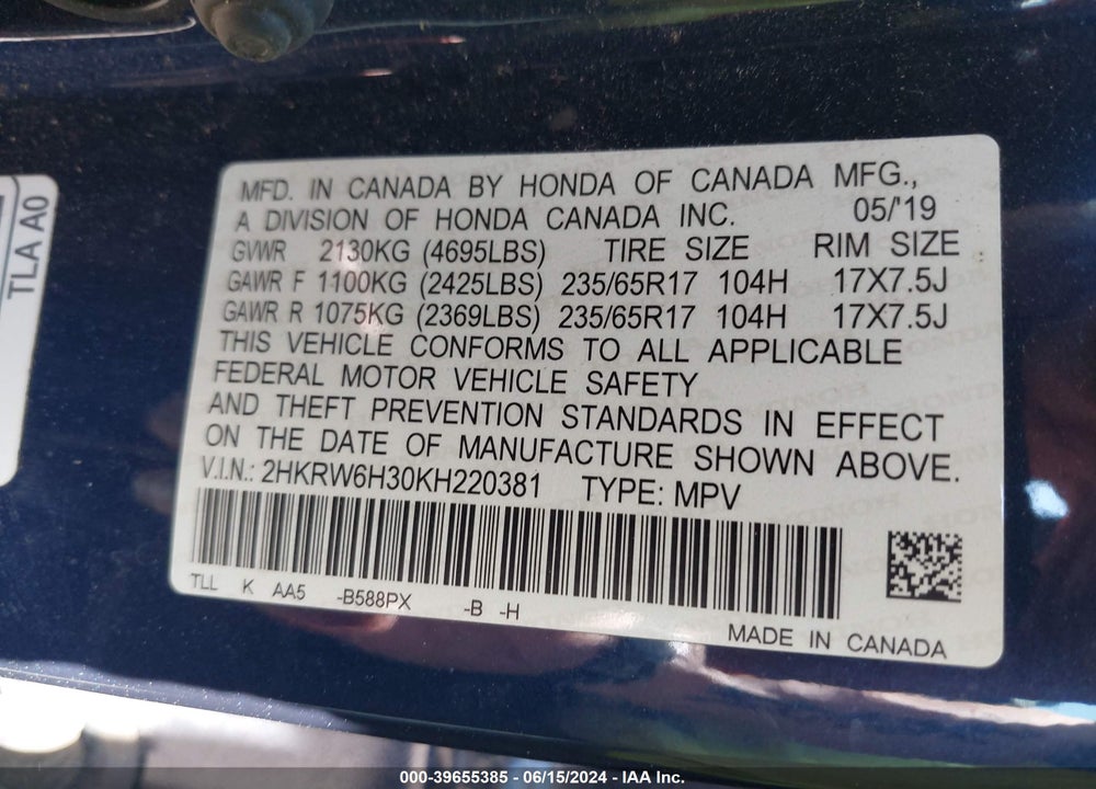 2019 HONDA CR-V LX VIN: 2HKRW6H30KH220381
