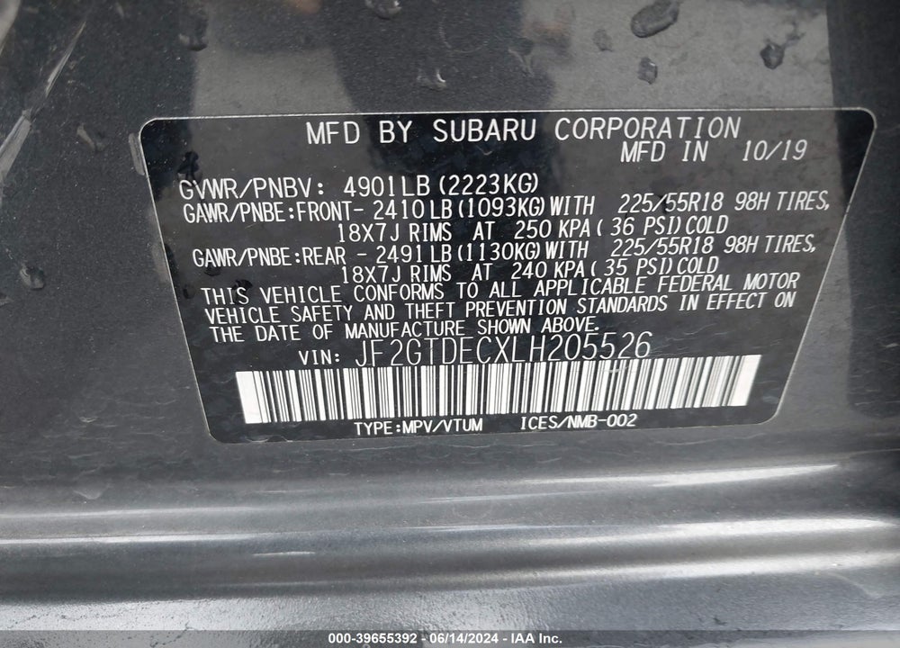 2020 SUBARU CROSSTREK HYBRID VIN: JF2GTDECXLH205526