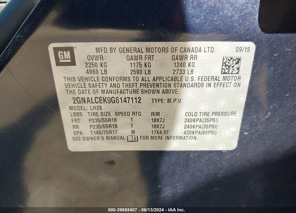 2016 CHEVROLET EQUINOX LT VIN: 2GNALCEK9G6147112