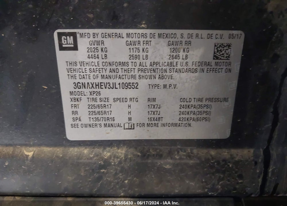 2018 CHEVROLET EQUINOX LS VIN: 3GNAXHEV3JL109552