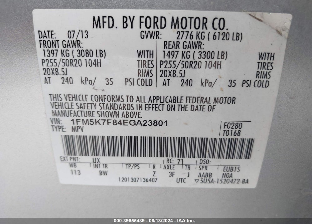 2014 FORD EXPLORER LIMITED VIN: 1FM5K7F84EGA23801