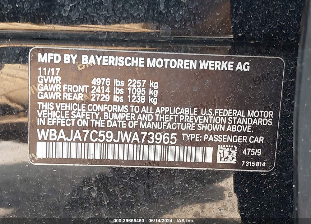 2018 BMW 530I XDRIVE VIN: WBAJA7C59JWA73965