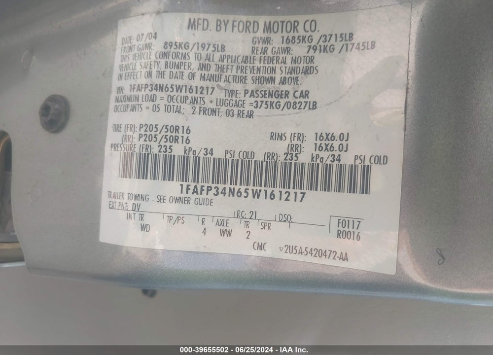 2005 FORD FOCUS ZX4 VIN: 1FAFP34N65W161217