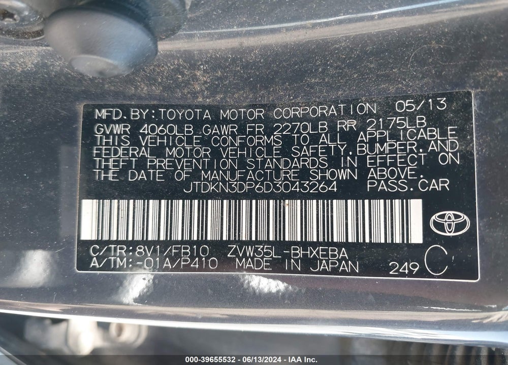 2013 TOYOTA PRIUS PLUG-IN VIN: JTDKN3DP6D3043264