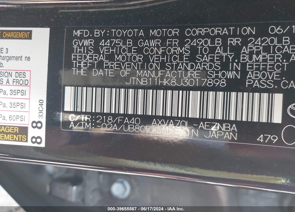 2018 TOYOTA CAMRY LE VIN: JTNB11HK8J3017898