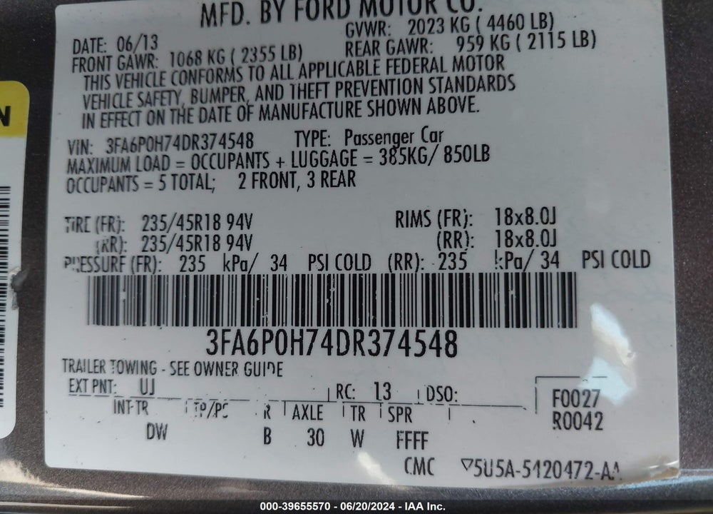 2013 FORD FUSION SE VIN: 3FA6P0H74DR374548