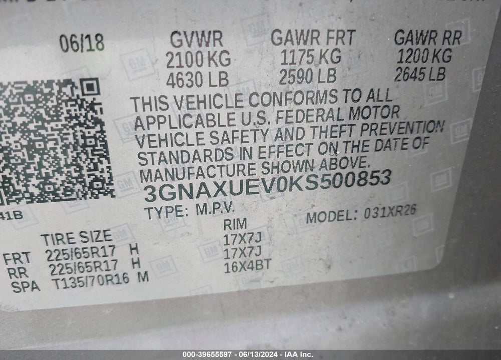 2019 CHEVROLET EQUINOX LT VIN: 3GNAXUEV0KS500853