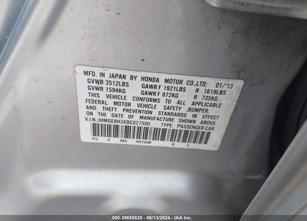 2013 HONDA FIT VIN: JHMGE8H3XDC027500