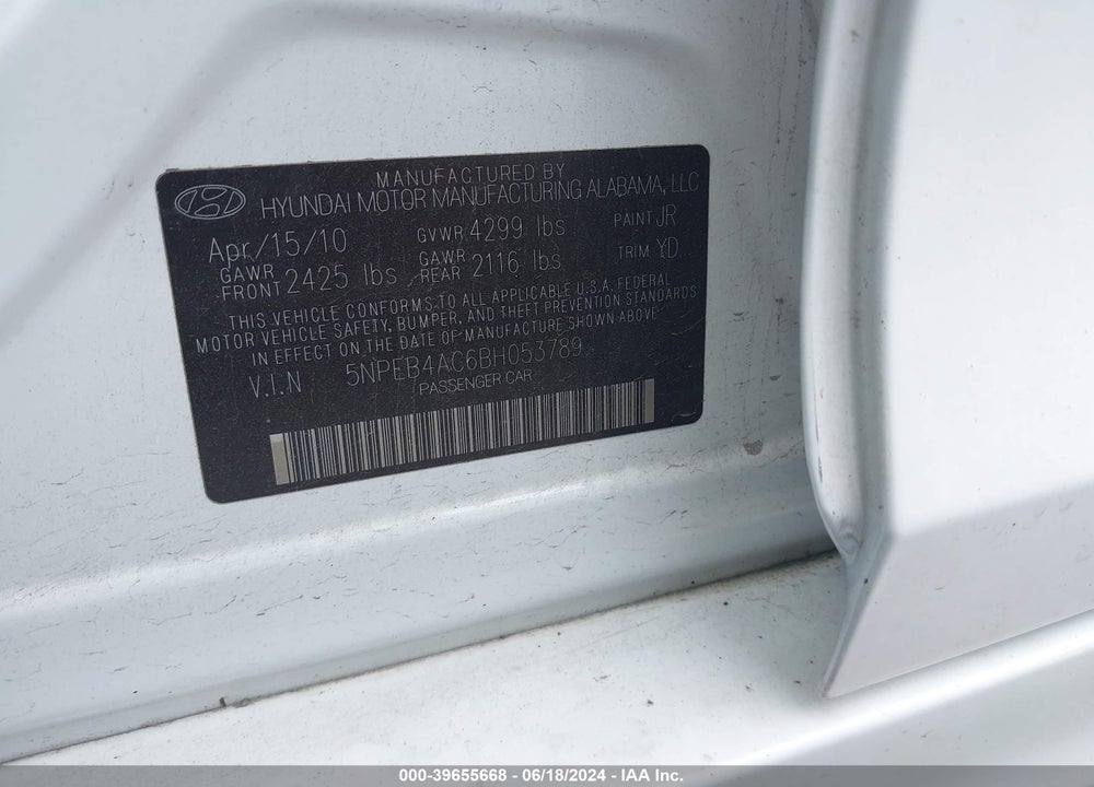 2011 HYUNDAI SONATA VIN: 5NPEB4AC6BH053789