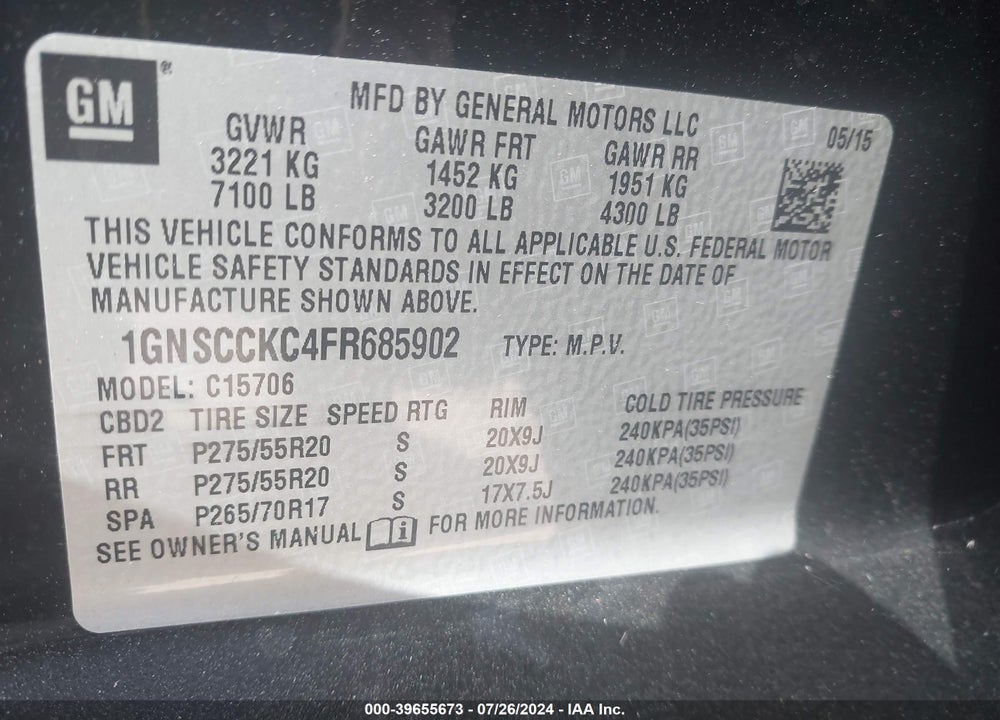 2015 CHEVROLET TAHOE LTZ VIN: 1GNSCCKC4FR685902