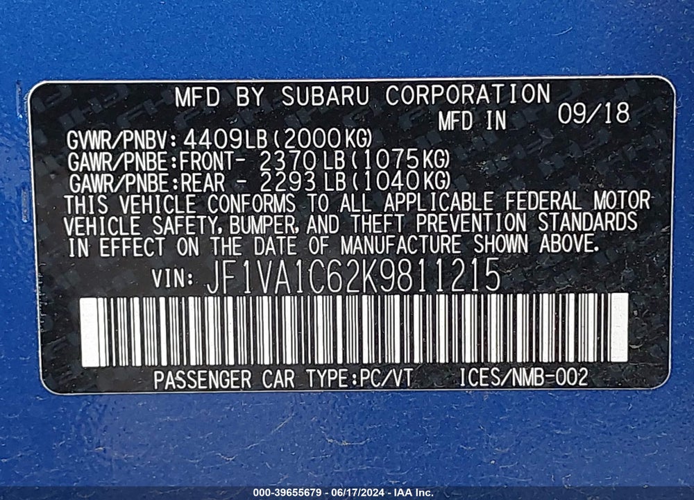 2019 SUBARU WRX PREMIUM VIN: JF1VA1C62K9811215