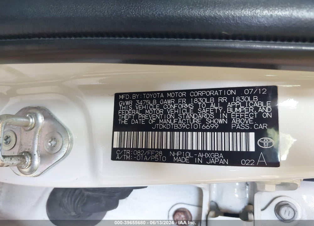 2012 TOYOTA PRIUS C THREE VIN: JTDKDTB39C1016699