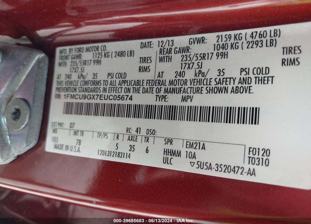 2014 FORD ESCAPE SE VIN: 1FMCU9GX7EUC05674