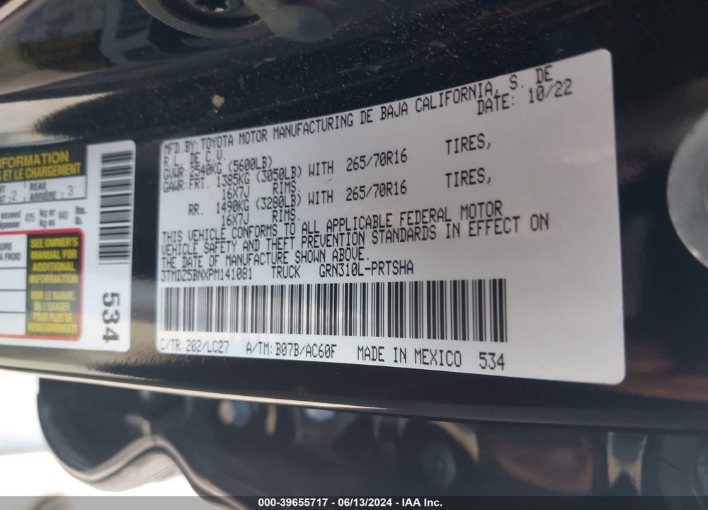 2023 TOYOTA TACOMA TRD OFF ROAD VIN: 3TMDZ5BNXPM141081