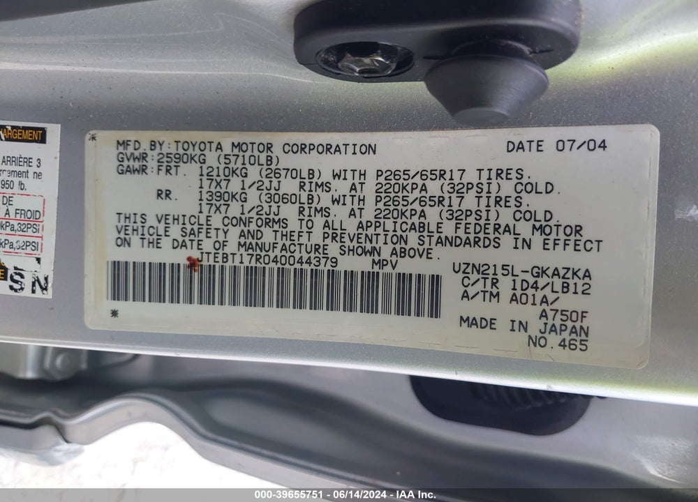 2004 TOYOTA 4RUNNER VIN: JTEBT17R040044379