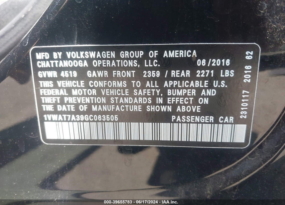 2016 VOLKSWAGEN PASSAT 1.8T R-LINE VIN: 1VWAT7A39GC063505
