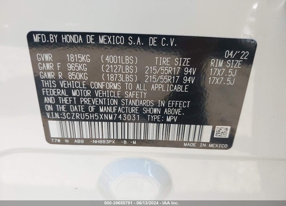 2022 HONDA HR-V 2WD EX VIN: 3CZRU5H5XNM743031