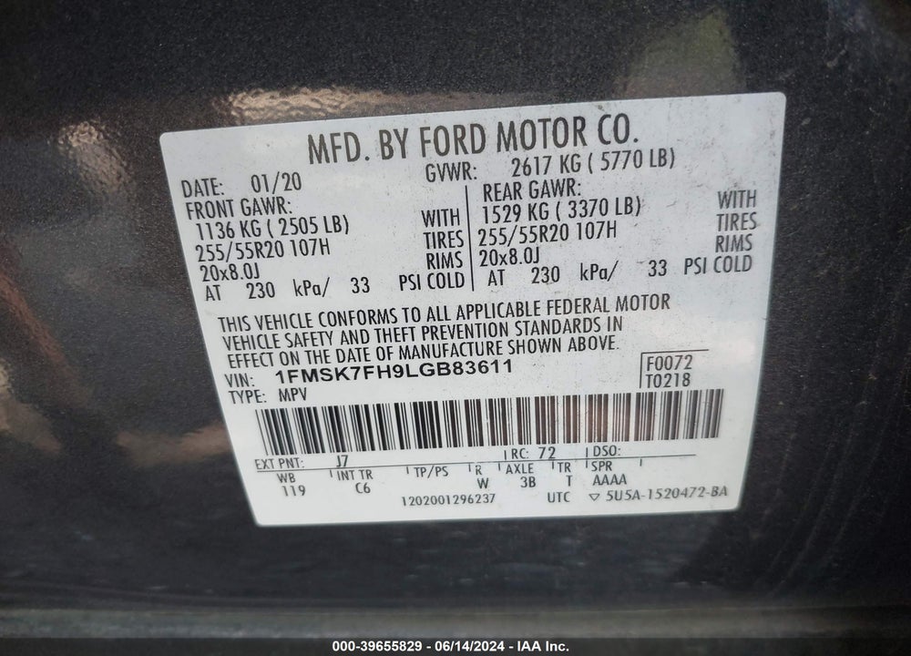 2020 FORD EXPLORER LIMITED VIN: 1FMSK7FH9LGB83611