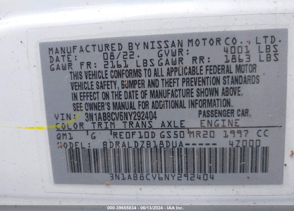 2022 NISSAN SENTRA SV XTRONIC CVT VIN: 3N1AB8CV6NY292404