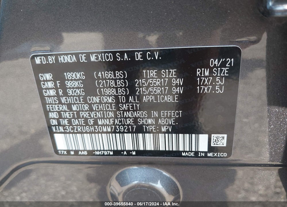 2021 HONDA HR-V AWD LX VIN: 3CZRU6H30MM739217