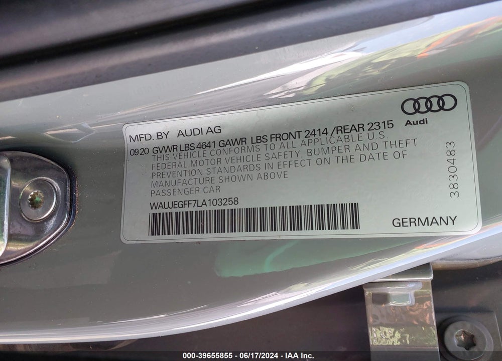 2020 AUDI A3 VIN: WAUJEGFF7LA103258