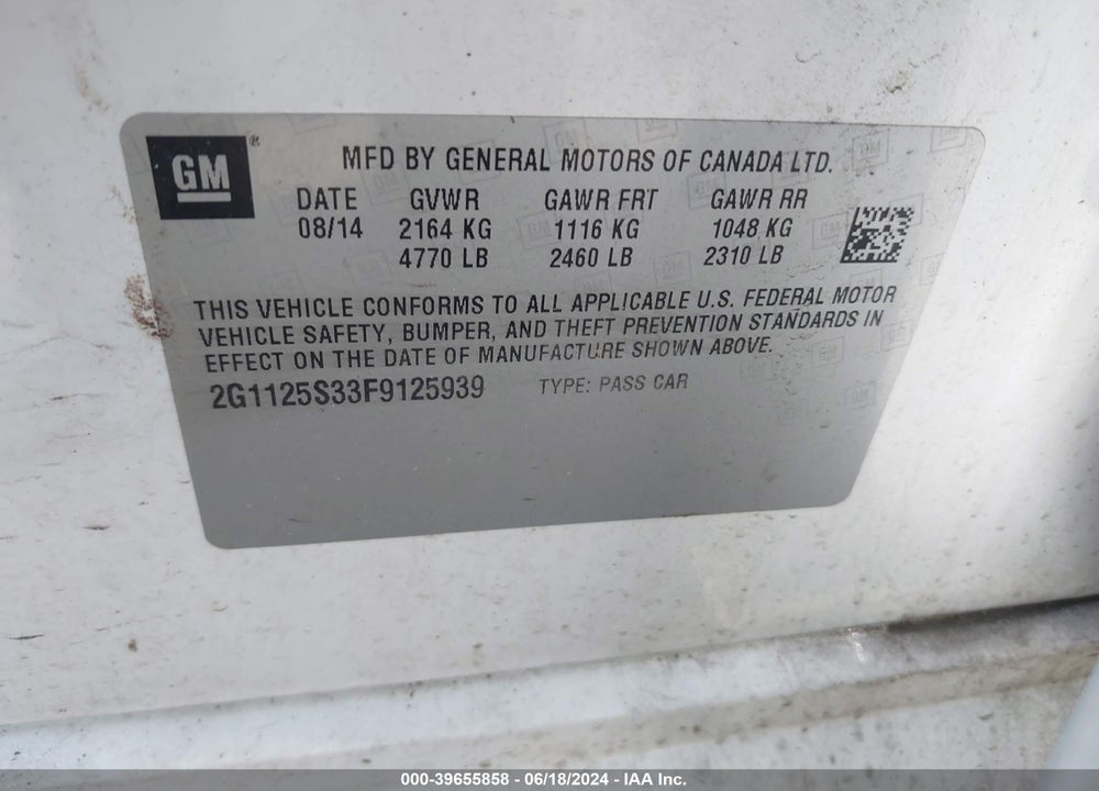 2015 CHEVROLET IMPALA 2LT VIN: 2G1125S33F9125939