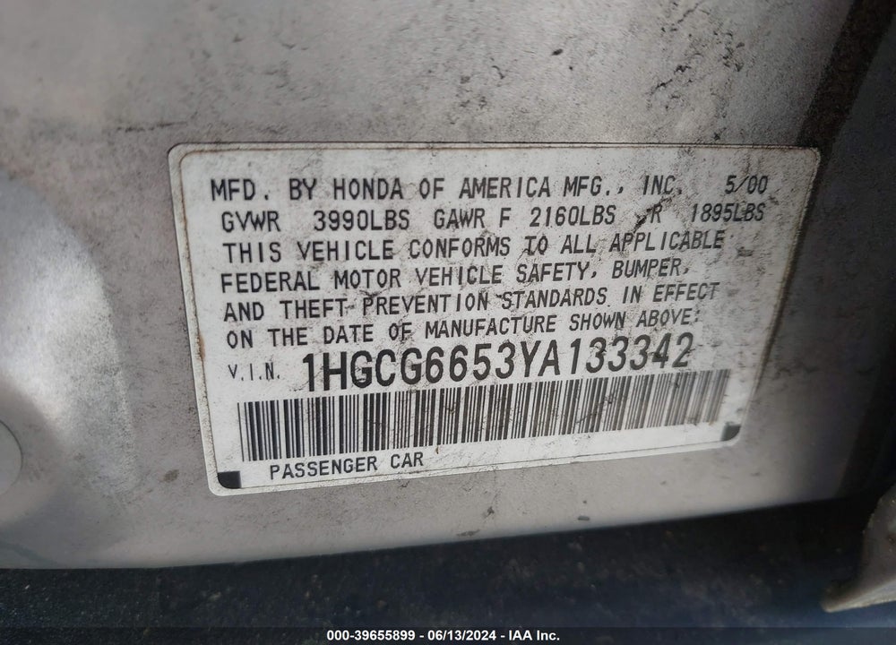 2000 HONDA ACCORD 2.3 LX VIN: 1HGCG6653YA133342