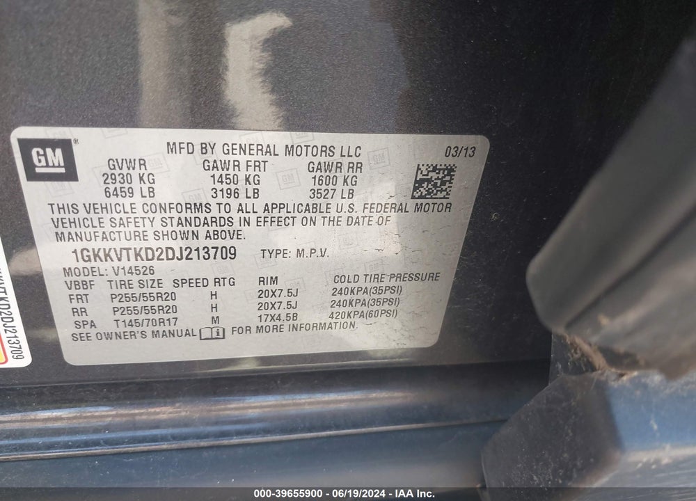 2013 GMC ACADIA DENALI VIN: 1GKKVTKD2DJ213709