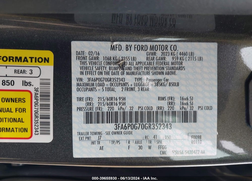 2016 FORD FUSION S VIN: 3FA6P0G70GR352343