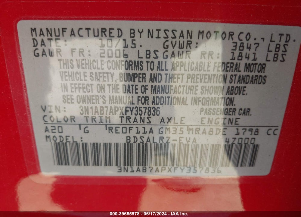 2015 NISSAN SENTRA SR VIN: 3N1AB7APXFY357836