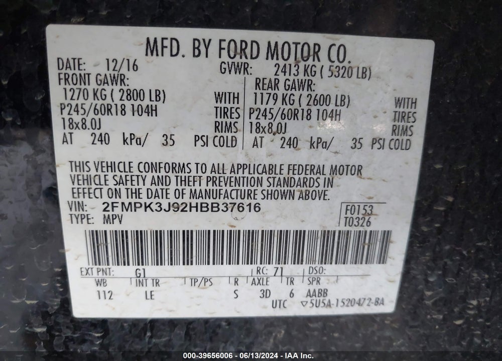 2017 FORD EDGE SEL VIN: 2FMPK3J92HBB37616