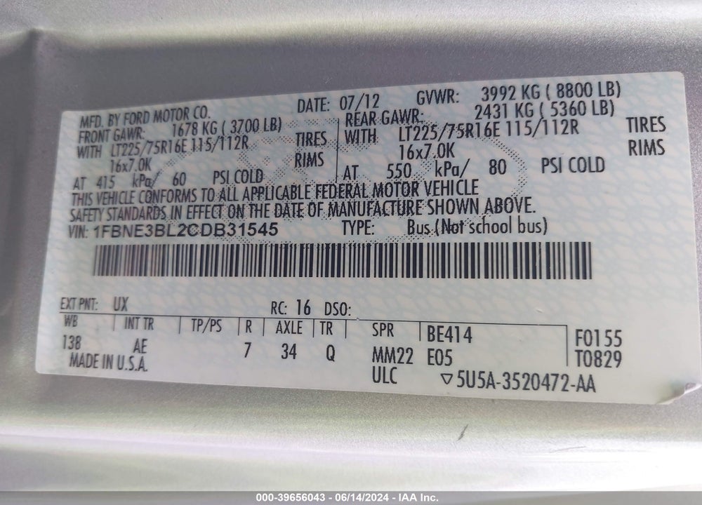 2012 FORD E-350 SUPER DUTY XL VIN: 1FBNE3BL2CDB31545