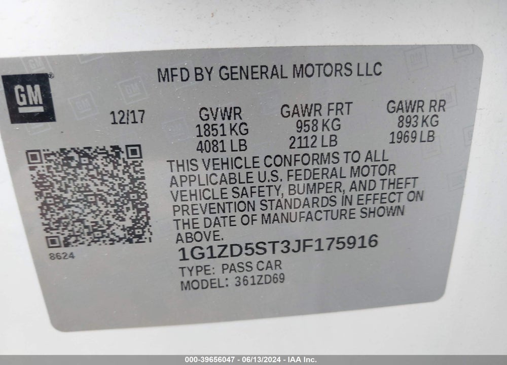 2018 CHEVROLET MALIBU LT VIN: 1G1ZD5ST3JF175916