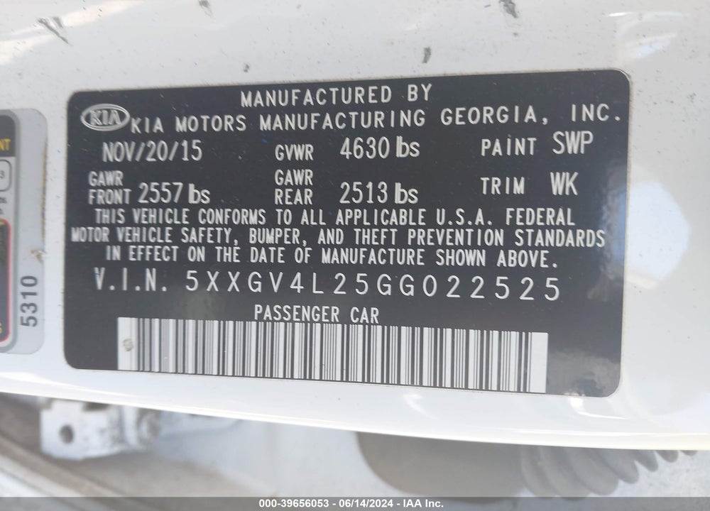 2016 KIA OPTIMA SXL TURBO VIN: 5XXGV4L25GG022525