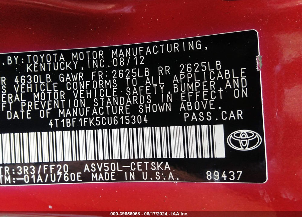 2012 TOYOTA CAMRY SE VIN: 4T1BF1FK5CU615304