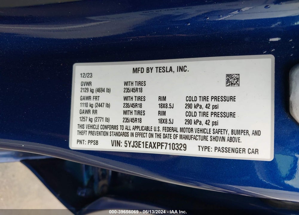 2023 TESLA MODEL 3 REAR-WHEEL DRIVE VIN: 5YJ3E1EAXPF710329