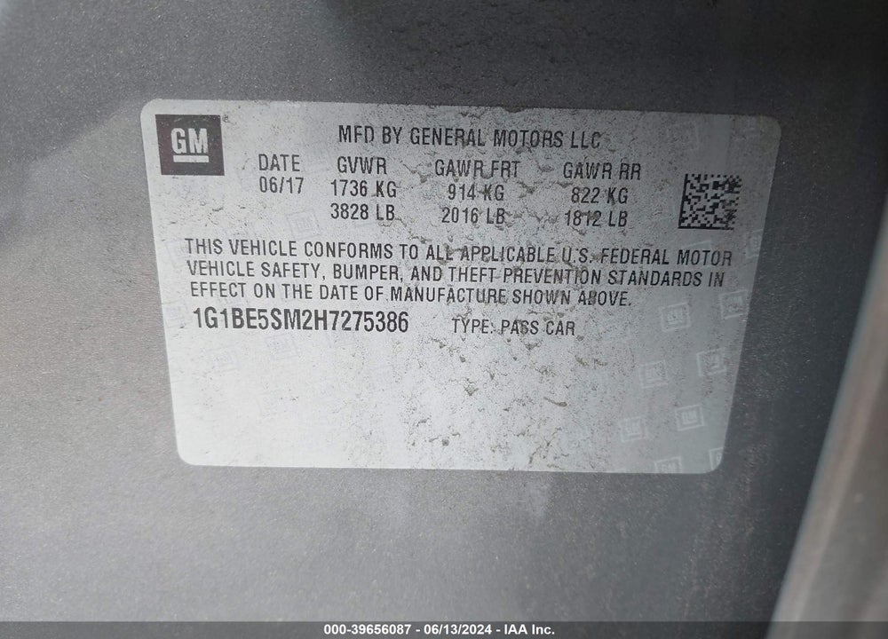 2017 CHEVROLET CRUZE LT AUTO VIN: 1G1BE5SM2H7275386
