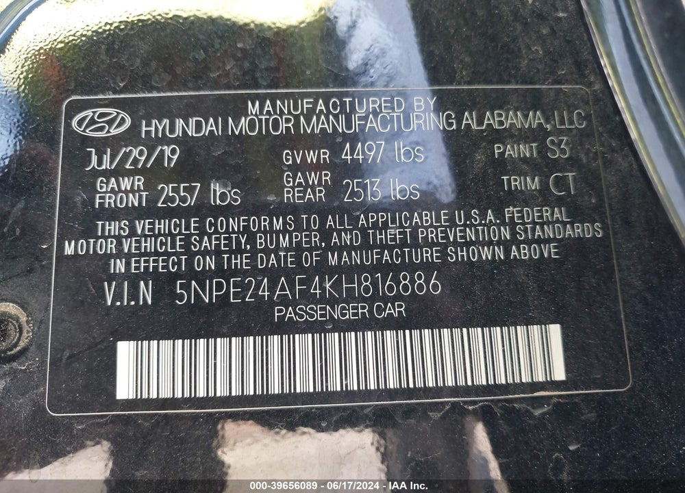 2019 HYUNDAI SONATA SE VIN: 5NPE24AF4KH816886