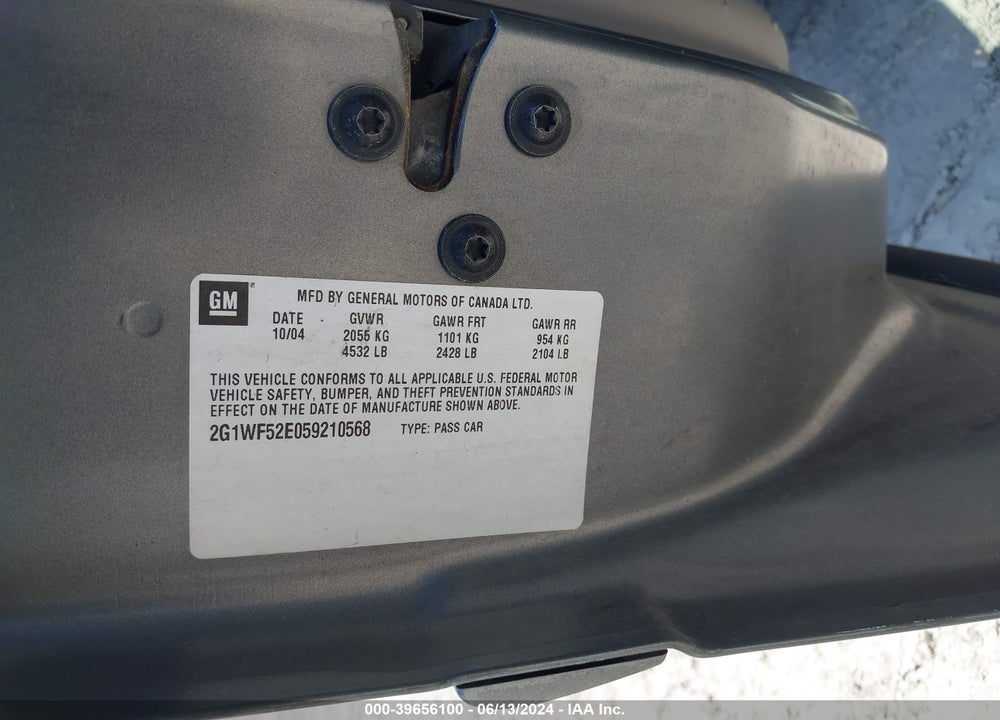 2005 CHEVROLET IMPALA VIN: 2G1WF52E059210568