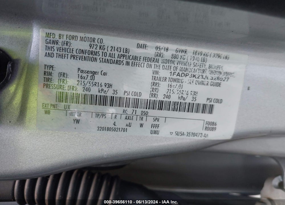2018 FORD FOCUS SE VIN: 1FADP3K23JL326927
