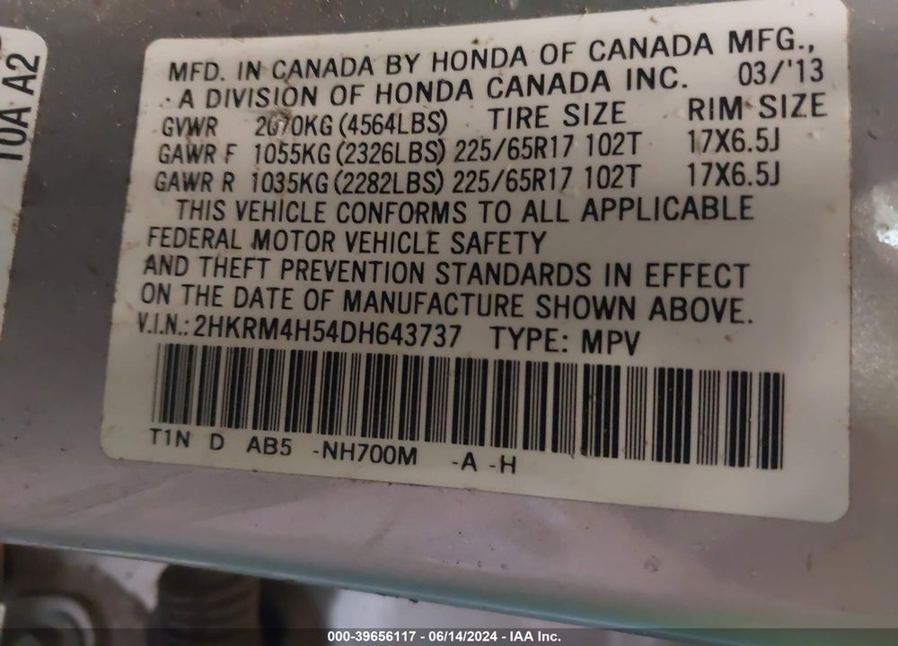2013 HONDA CR-V EX VIN: 2HKRM4H54DH643737