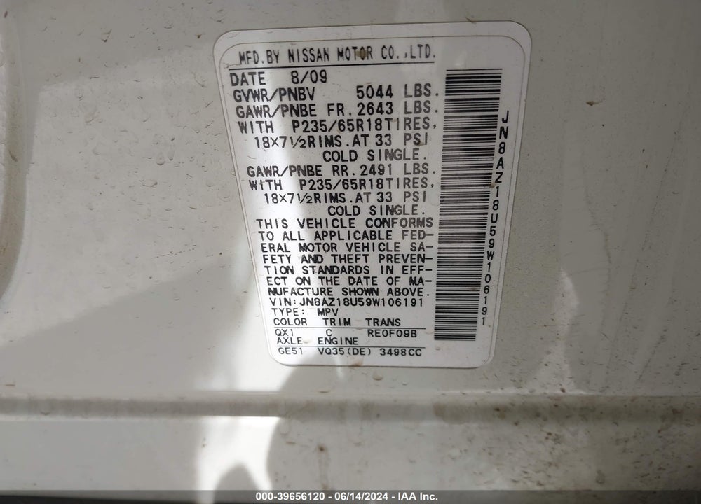 2009 NISSAN MURANO SL VIN: JN8AZ18U59W106191