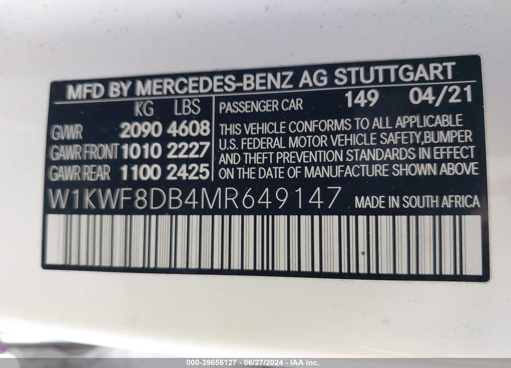 2021 MERCEDES-BENZ C 300 SEDAN VIN: W1KWF8DB4MR649147