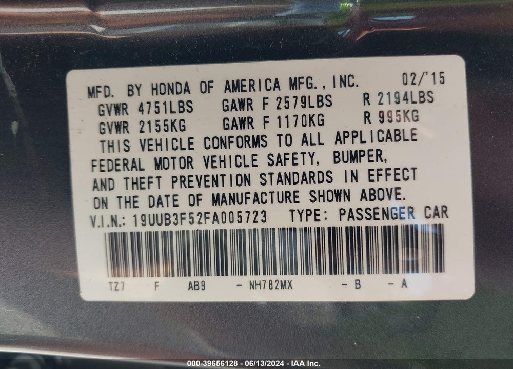 2015 ACURA TLX V6 TECH VIN: 19UUB3F52FA005723