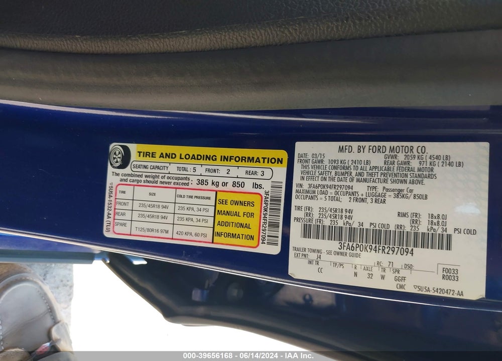 2015 FORD FUSION TITANIUM VIN: 3FA6P0K94FR297094